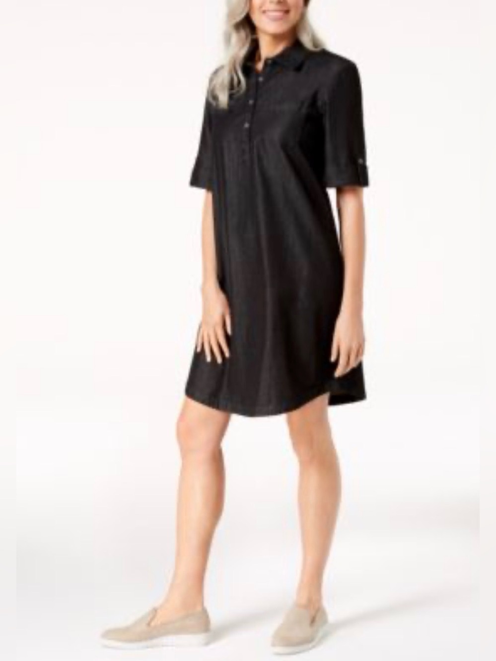 Karen Scott Black Chambray Polo Shirt Midi Dress